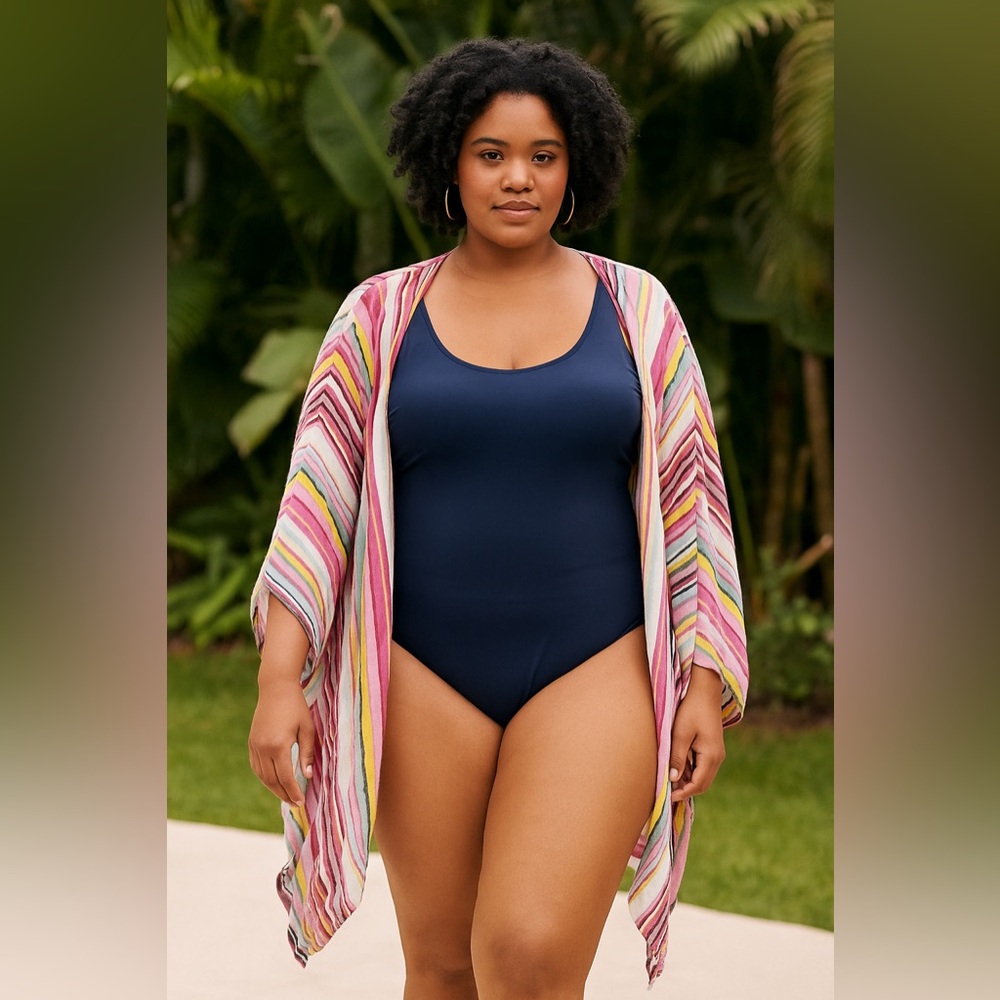 ANDTHEWHY Striped Multicolor Cardigan Duster Swim Coverup, Size L